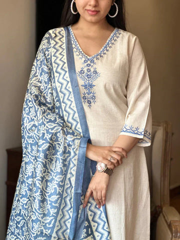 White Cotton Suit With Blue Embroidery And Printed Dupatta