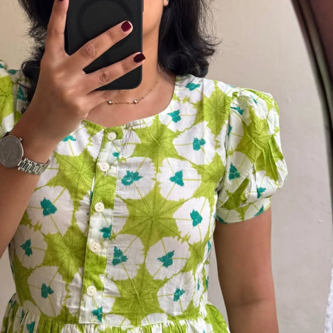 Fresh Lime Green Floral Puff-Sleeve Midi Dress