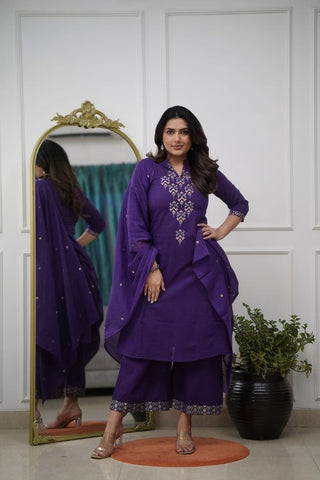 Kurta A-Line kurta set with Cotton Plazzo & Malmal Dupatta with  embroidery work