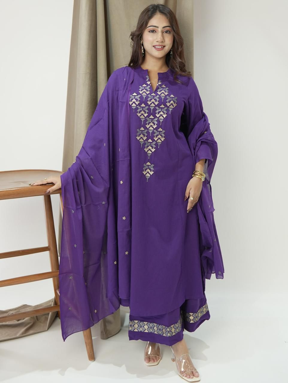 Kurta A-Line kurta set with Cotton Plazzo & Malmal Dupatta with  embroidery work