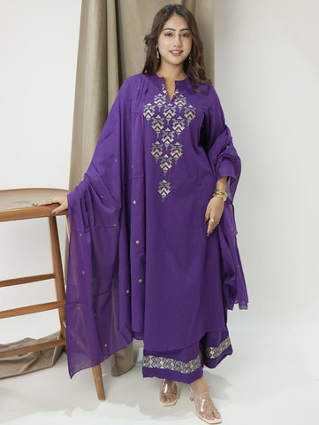 Kurta A-Line kurta set with Cotton Plazzo & Malmal Dupatta with  embroidery work