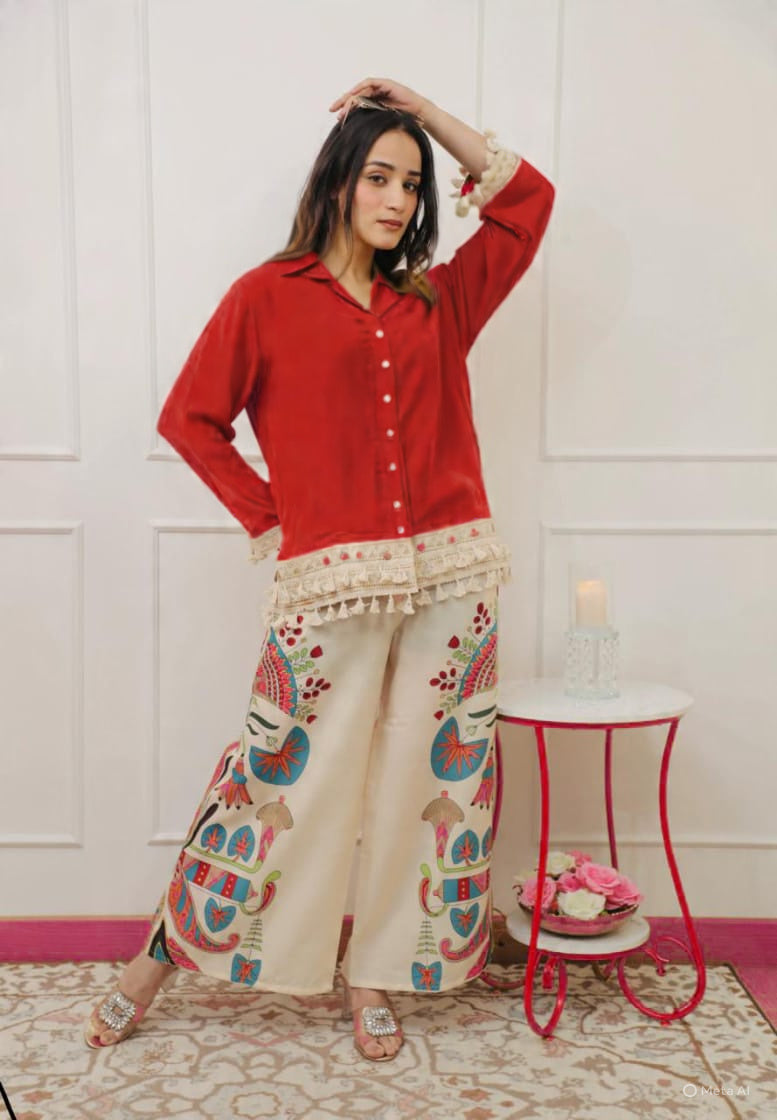 Fusion Red Shirt and Hand-Painted Palazzo Set