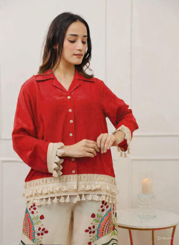 Fusion Red Shirt and Hand-Painted Palazzo Set