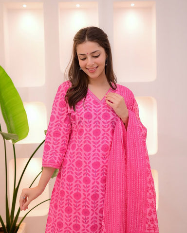 Hot Pink Printed Cotton Suit Set