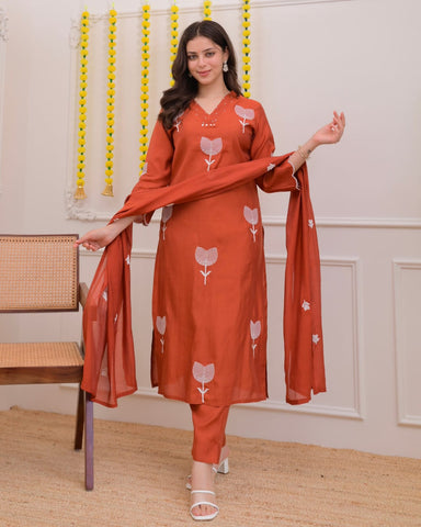 Rust Brown Minimalist Embroidered Suit Set