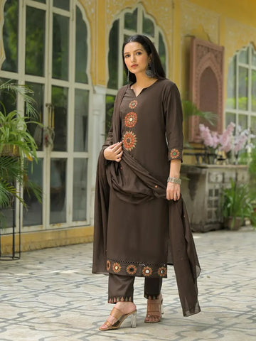 Elegant Chocolate Brown Embroidered Kurta Set with Dupatta