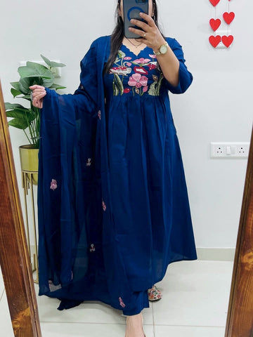 Elegant Teal Blue Floral Embroidered Kurta Set with Dupatta