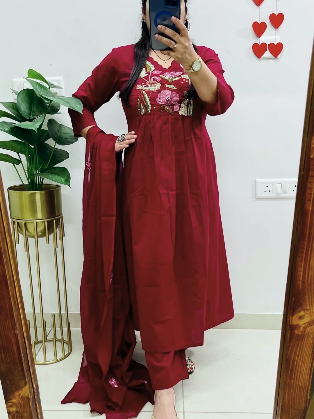 Elegant Maroon Floral Embroidered Kurta Set with Dupatta