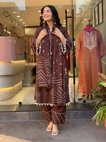 Premium Chocolate Brown Kurti Pant Dupatta Set